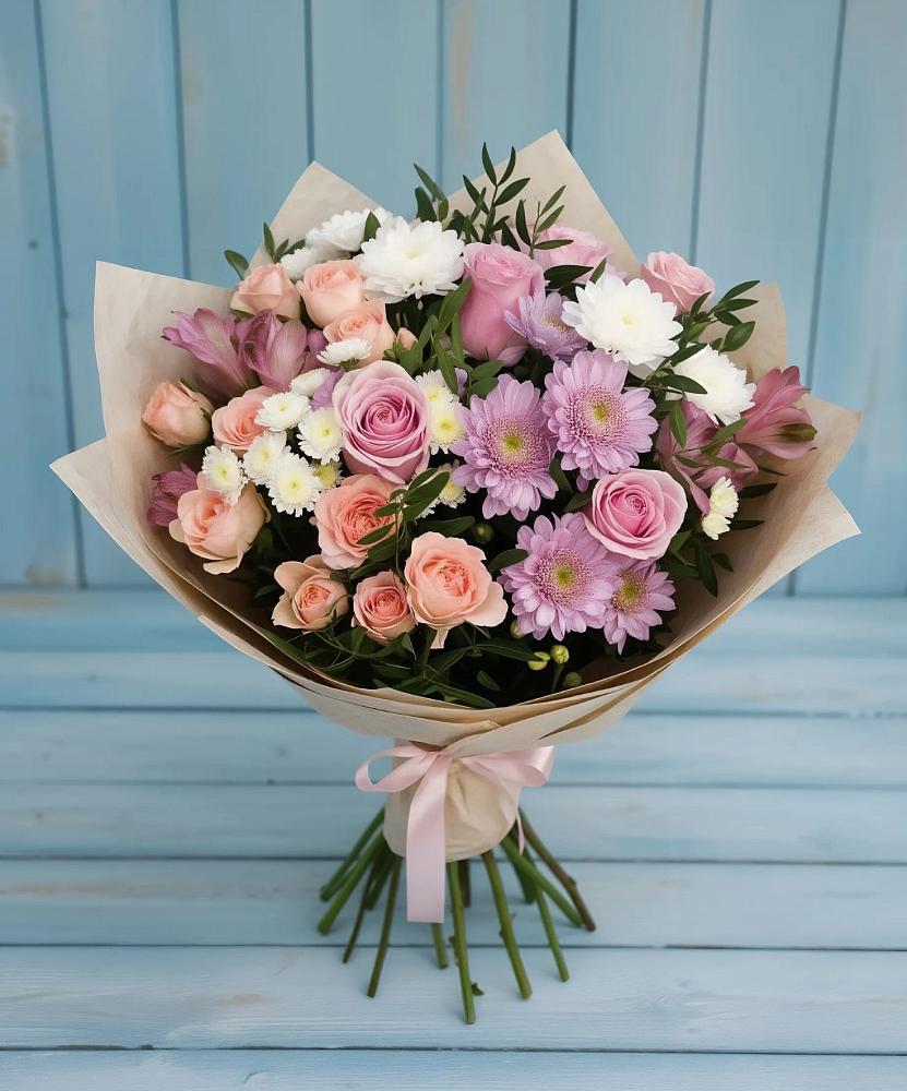 Букет цветов из: Хризантемы, Розы и Альстромерии в Рождествено